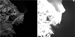 An image of comet 67P/Churyumov-Gerasimenko obtained on October 30th, 2014 by the OSIRIS scientific imaging system from a distance of approximately 30 kilometers and displayed with two different saturation levels. While in the left image the right half is obscured by darkness, in the right image surface structures become visible.