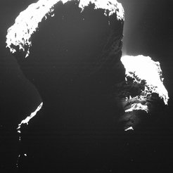 A rare glance at the dark side of comet 67P/Churyumov-Gerasimenko. Light backscattered from dust particles in the comet’s coma reveals a hint of surface structures. This image was taken by OSIRIS, Rosetta’s scientific imaging system, on September 29th, 2014 from a distance of approximately 19 kilometers.