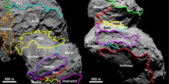 Insgesamt 19 morphologisch unterschiedliche Regionen haben Forscher des OSIRIS-Teams auf der Oberfläche des Kometen 67P/Churyumov-Gerasimenko identifiziert. Benannt wurden diese Regionen nach ägyptischen Gottheiten.