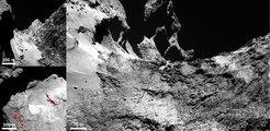 Ein Riss im Kometen: In der Hapi-Region am Hals des Kometen 67P/Churyumov-Gerasimenko erstreckt sich ein langer Riss über etwa 500 Meter bis in die Anuket-Region. Links oben: Ein Blick auf die Hapi-Region. Links unten: Dieses Bild zeigt den Riss in der Hapi-Region und darüber hinaus. Rechts: Der Riss erstreckt sich bis in die Anuket-Region.
