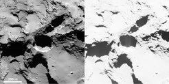 Zylindrische Vertiefungen auf der Oberfläche des Kometen 67P/Churyumov-Gerasimenko spucken Staub ins All. Diese Aufnahmen wurden mithilfe des Kamerasystems OSIRIS an Bord der ESA-Raumsonde Rosetta am 28. August 2014 aus einer Entfernung von 60 Kilometern vom Kometen aufgenommen. Im rechten Bild wurde der Kontrast erhöht, um die Staubfontänen sichtbar zu machen.