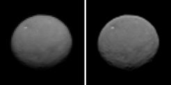 Links: Das Kamerasystem an Bord der NASA-Raumsonde Dawn hat am 25. Januar 2015 dieses Bild des Zwergplaneten Ceres eingefangen. Rechts: Nach sorgfältiger Bildprozessierung lassen sich große Krater erahnen. Auf beiden Bildern fällt besonders ein heller Fleck auf der Nordhalbkugel des Zwergplaneten auf.
