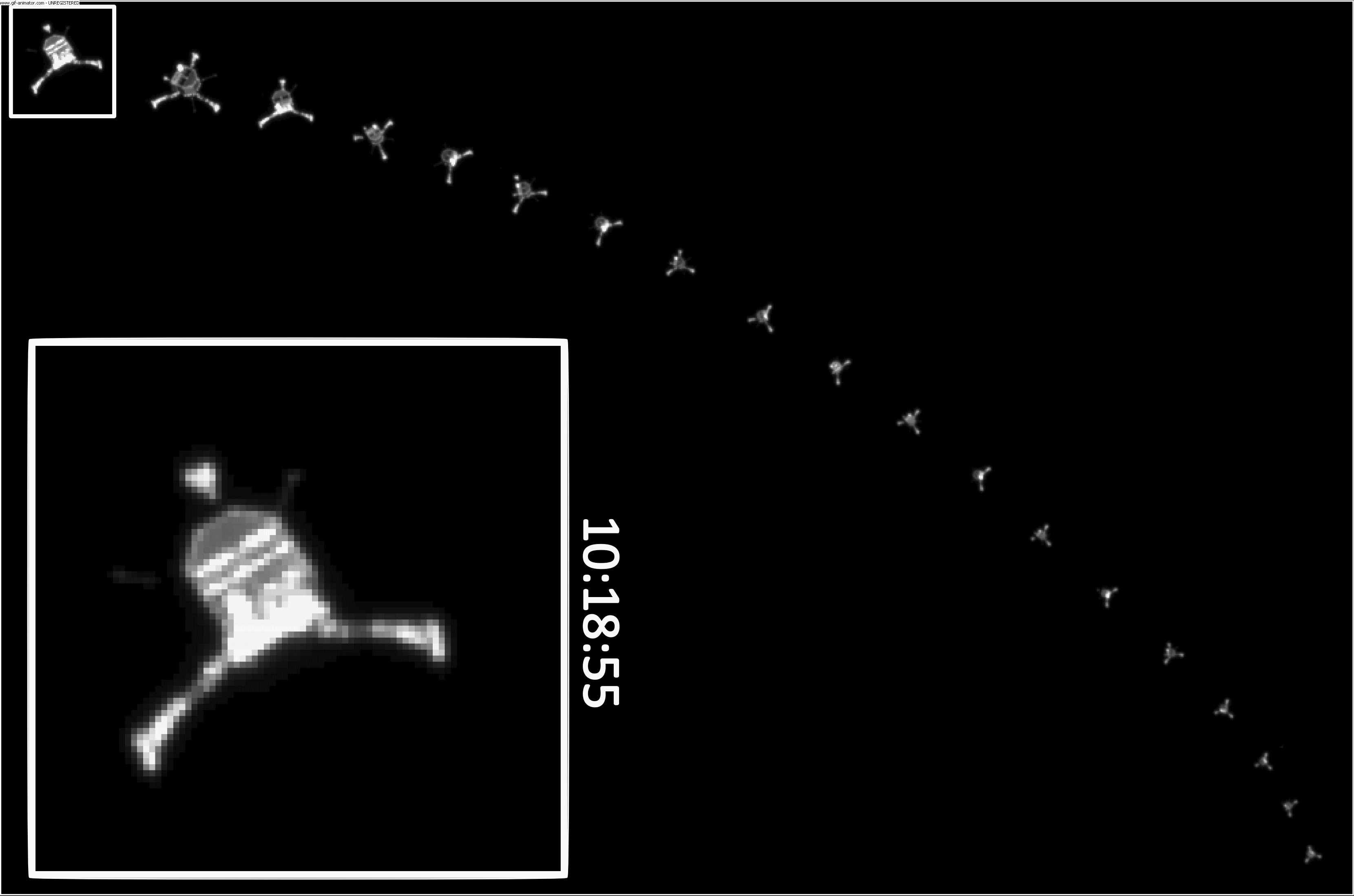 Philaes Landeanflug auf den Kometen 67P/Churyumov-Gerasimenko. Die Bilder wurden am 12. November 2014 aufgenommen vom wissenschaftlichen Kamerasystem OSIRIS an Bord der ESA-Raumsonde Rosetta. Die Uhrzeiten, die im Bild angegeben sind, sind in der so genannten Universalzeit angegeben. Mitteleuropäische Zeit erhält man durch Addieren einer Stunde.