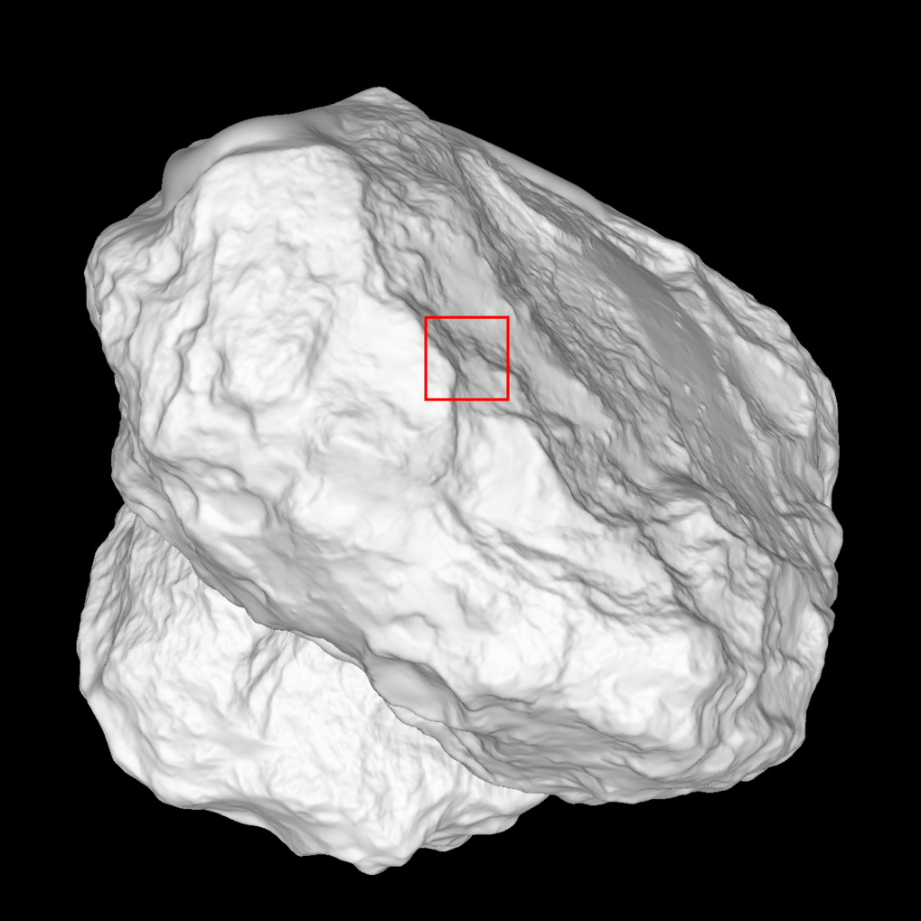 Das rote Quadrat in diesem Bild gibt an, welche Region auf der Unterseite des Kometen 67P/Churyumov-Gerasimenko in der heute veröffentlichten Nahaufnahme zu sehen ist.