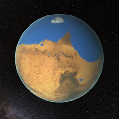 So könnte der Mars vor 4,5 Milliarden Jahren ausgesehen haben. Mindestens 20 Prozent seiner Oberfläche waren von Wasser bedeckt.