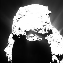 In dieser Aufnahme des Rosetta-Kometen, die am 25. April 2015 aus einer Entfernung von etwa 93 Kilometern entstand, zeigen sich klar erkennbare Staubfontänen nach Einbruch der Dunkelheit.