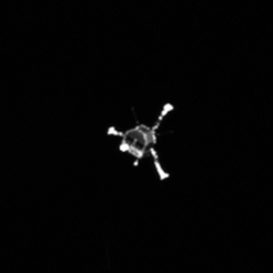 Philae, as seen by Rosetta’s OSIRIS narrow-angle camera nearly two hours after separation. The image shows details of the lander structure, including its three relatively bright legs.