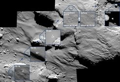 The last moments of Philae’s descent, the imprint of its touchdown, and subsequent drift away from Agilkia was captured by Rosetta’s OSIRIS camera. All times in UT onboard spacecraft time.