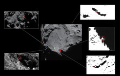 Approximate locations of five lander candidates initially identified in high-resolution OSIRIS Narrow Angle Camera images taken in December 2014, from a distance of about 20 km from the centre of Comet 67P/C-G. The candidates are circled in the close-ups, identifying Philae-sized features approximately 1–2 m across. The contrast has been stretched in some of the images to better reveal the candidates. All but one of these candidates (top left) have subsequently been ruled out of consideration due to constraints including the reconstructed lander trajectory and topography at the landing site. The candidate at top left lies near to the current CONSERT ellipse.