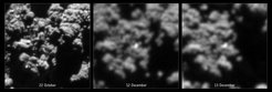‘Before’ and ‘after’ comparison images of a promising candidate located near the CONSERT ellipse as seen in images from the OSIRIS Narrow-Angle Camera. Each box covers roughly 20 x 20 m on Comet 67P/C-G. The left-hand image shows the region as seen on 22 October (before the landing of Philae) from a distance of about 10 km from the centre of Comet 67P/C-G, while the centre and right-hand images shows the same region on 12 and 13 December from 20 km (after landing). The candidate is only seen in the two later images.The illumination conditions are broadly similar in the three images and the same topography can be recognised in each case. The difference in distance at which the images were taken yields a difference in resolution and thus the December images have been resampled and interpolated to match the scale of the October image. As a result, the candidate covers more pixels calculated for a Philae-sized object seen by the OSIRIS narrow-angle camera from a distance of 18 km to the surface.