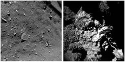 Aufnahmen der Landestellen Agilkia (links) und Abydos (rechts). Die linke Aufnahme entstand mit Hilfe der ROLIS-Kamera kurz vor dem ersten Aufsetzen von Philae auf der Kometenoberfläche aus einer Entfernung von neun Metern. Die rechte Aufnahme wurde am 13. November 2014 von der CIVA-Kamera aufgenommen.