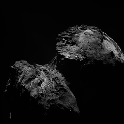 Single-frame OSIRIS narrow-angle camera image taken on 10 December 2015, when Rosetta was 103.3 km from the nucleus of Comet 67P/Churyumov–Gerasimenko. The scale is 1.87 m/pixel.