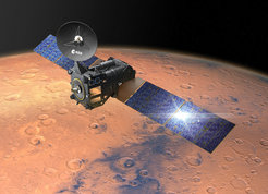 ExoMars Trace Gas Orbiter in der Umlaufbahn um den Planeten Mars. Künstlerische Darstellung