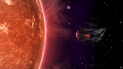 Der NASA-Satellit „Kepler“ beobachtet permanent denselben Himmelsausschnitt und zeichnet Veränderungen in der Helligkeit der beobachteten Sterne auf: Kleine Planeten, die von der Erde aus gesehen vor dem Stern vorbeiziehen, verursachen gewissermaßen eine Sonnenfinsternis im Miniaturformat mit winzigen, aber charakteristischen Helligkeitsveränderungen. Diese kann „Kepler“ messen. Die künstlerische Darstellung zeigt, wie die Atmosphäre eines Planeten durch die starke Strahlung seines Sterns in den Weltraum „geblasen“ wird.