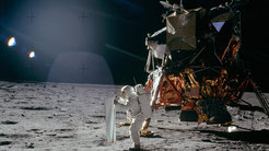 Astronaut Aldrin adjusting the Solar Wind Composition Experiments of the University of Bern on the Moon. Johannes Geiss made significant contributions to the development of the instrument.