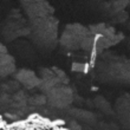 Philae at the surface of comet 67P/Churyumov-Gerasimenko. The image was taken with the Osiris Narrow Angle Camera on 2 September 2016 from a distance of 2.7 km from the nucleus surface. Image resolution is about 5 cm per pixel.