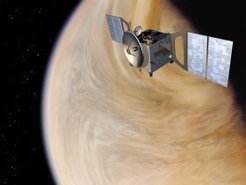 Artist's view of the Venus Express spacecraft in orbit about Venus. ESA
