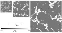 Magnetic spots (white) near the Sun's surface from three different-sized simulation models. The spots on the largest model are approximate 20 Mm = 20,000 kilometres, and their magnetic field is approximately 3kG = 3,000G, which is around 10,000 times larger than Earth's magnetic field.