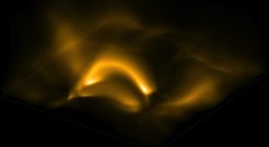 Diese Abbildung zeigt die Korona in einer aktiven Region in einem 3D-MHD-Modell wie man sie im extrem UV bei 17.1 nm beobachten würde. Dieses Band ist dominiert von Emission von Fe IX und zeigt somit Plasma bei knapp unter einer Million K. Entsprechende Bilder der echten Sonne werden routinemäßig mit AIA/SDO aufgenommen.