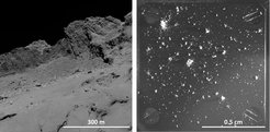 Left: The surface of Rosetta’s comet. As the comet approaches the Sun, frozen gases evaporate from below the surface, dragging tiny particles of dust along with them. Right: These dust grains can be captured and examined using the COSIMA instrument. Targets such as this one measuring only a few centimeters act as dust collectors. They retain dust particles of up to 100 microns in size.