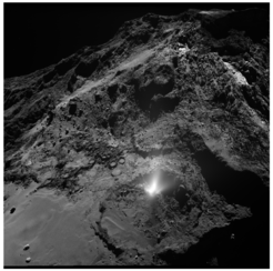Dust plume on the surface of comet 67P. This small outburst of activity, lasting not longer than 1 hour, was observed by several instruments on board Rosetta on 3 July 2016 (Agarwal et al., 2017).