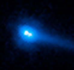 The active binary asteroid 288P (300163). This image obtained with the Wide Field Camera 3 of the Hubble Space Telescope on 22 August 2016 shows the binary asteroid system 288P while it is emitting dust near its perihelion passage. The dust, under the action of solar radiation pressure, forms a comet-like tail, and was likely released from the comet by sublimating water ice (Agarwal et al., 2017).