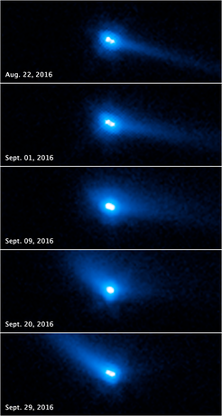 Diese Aufnahmen des Weltraumteleskops Hubble zeigen den Asteroiden 288P. Er besteht nicht nur aus zwei getrennten Teilen, sondern weist auch einen kometenähnlichen Schweif auf.