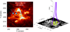 Left: image of the UV burst captured by SuFI. The contours enclose the regions of three different intensities in the ribbon-like feature, indicating the substructures within. The arrows point to loop-like features associated with the burst. Right: grayscale image is a sub-FOV of the IMaX line-of-sight magnetic field. Selected magnetic field extrapolations are plotted in blue (open/spine) and yellow (closed/dome) to show the complex fan-spine magnetic topology surrounding the burst.