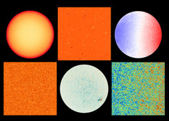 Images from the Polarimetric and Helioseismic Imager (PHI). The left column shows the Sun in visible light. Top: This image was taken on June 18, 2020 and shows the entire solar disk. Since the Sun is currently rather inactive, no sunspots are visible. Below is a close-up taken by the high-resolution PHI telescope from 28 May 2020. The area has a size of about 200 000 km x 200 000 km and is located in the center of the Sun. The image shows the Sun's granulation pattern created by the movement of hot plasma beneath the visible surface of the Sun. The middle column shows the Sun's magnetic fields. The right column shows the speed at which the solar plasma moves towards or away from the observer. The change from blue to red within the images can be explained by the rotation of the Sun.