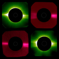 Images of the coronagraph Metis from 15 May 2020 (left column) and 21 June 2020 (right column). The green images show the corona in visible light; the pink images show the corona in ultraviolet light. This is the first time that simultaneous images of the corona in different wavelengths have been obtained by a coronagraph.