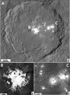 These mosaics of Occator Crater are composed of several images taken by Dawn’s Framing Camera from a distance of 35 kilometers. Within the crater, which has a diameter of 92 kilometers (A), there are two areas of bright deposits. The deposits in the center of the crater, called Cerealia Facula (B), measure only a few kilometers in diameter. In its center a dome bulges upwards. The deposits in the northeast of the crater are called Vinalia Faculae (C).