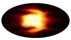 Temperature anomaly in the stratosphere of a Hot Jupiter, centered at the substellar point. The intense stellar irradiation drives fierce, eastward winds with turbulent trails that are visible in the temperature.