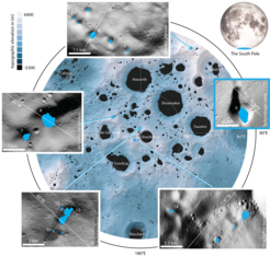 The 17 newly studied craters and depressions are located near the South Pole. While the smallest of these regions (region 11) has a size of only 0.18 square kilometers, the largest (region 9) measures 54 square kilometers. Region 9 is not located in the section of the south polar region shown here, but a bit further to the North, in Schrödinger Basin. The representations of the lunar surface shown here are based on altimeter data from the Lunar Reconnaissance Orbiter.