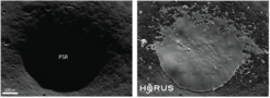 An as-yet unnamed crater (region 1 in figure 1) in the south polar region of the Moon. It is located on the Leibnitz plateau, in direct proximity to the targeted mission area of NASA's Volatiles Investigating Polar Exploration Rover (VIPER). The left image shows a picture taken by the Lunar Reconnaissance Orbiter. The interior of the crater is almost not visible. The right image shows the same image after it was processed with the HORUS machine learning algorithm.