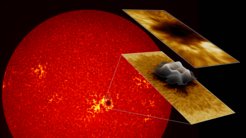 Mit Hilfe von Beobachtungen mit dem Dunn Solar Telescope (oberes Bild) und Computersimulationen (unteres Bild) fanden Wissenschaftler mehr als 30 charakteristische mangeto-akustische Wellen eines riesigen Sonnenflecks.