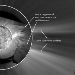 Mosaic of images taken by the GOES instrument SUVI and the SOHO coronagraph LASCO on August 17, 2018. Outside the white marked circle, LASCO's field of view shows the streams of the slow solar wind. These connect seamlessly to the structures of the coronal web network in the mid-corona, which can be seen inside the white-marked circle. Where the long filaments of the coronal web interact, the slow solar wind begins its journey into space.