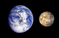 Images of Earth and Mars side by side: a mostly blue sphere with a pale reddish landmass in the center mostly, hidden by while swirling clouds, on the left, three-quarter-illuminated, and a smaller, fully-illuminated reddish-brown sphere with some white patches on the visible surface on the right. Image credit: NASA/JPL