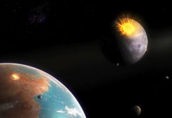 Illustration of the Earth and Moon against a black background: A quarter-circle of planet Earth in the lower-left corner with blue and reddish surface areas, debris pieces hovering in front of it, and one area brightly lit in yellow, presumably from a recent impact. In the top left corner, a greyish half-lit sphere that is the Moon, with a large bright-yellow area, glowing and sending debris into space on trajectories radiating outward from the impact zone. Image credit: universetoday.com Dan Durda
