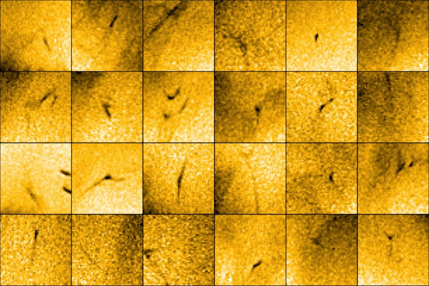 Aufnahmen verschiedener Piko-Flare-Ströme, die dem Solar Orbiter-Instrument EUI am 30. März 2022 gelungen sind. Der Bildausschnitt jedes einzelnen Bildes beträgt 6000 Kilometer x 6000 Kilometer. Damit die Ströme besser sichtbar sind, wurde die Helligkeit dieser Aufnahme invertiert. Sie erscheinen dadurch dunkel.       
