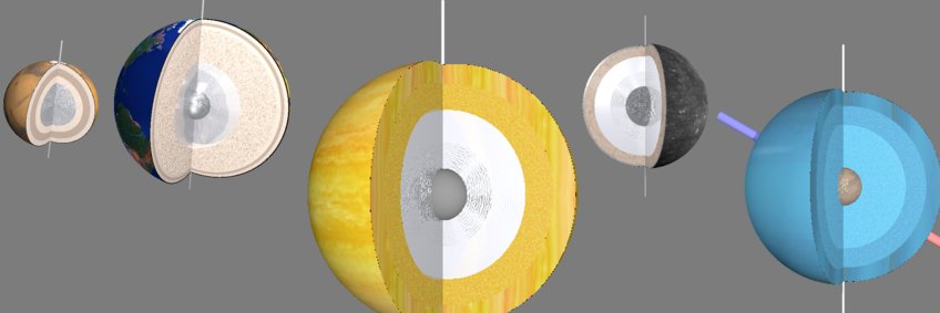 Die Schalenstrukturen verschiedener Planeten im Sonnensystem Künstlerische Darstellung: Fünf Kugel schweben vor einem grauen Hintergrund. Die Kugeln sind unterschiedlich groß und haben unterschiedliche Oberflächenfarben und Oberflächenstrukturen. Es ist jeweils ein Viertel einer Kugel weggeschnitten, so daß die innere Struktur sichtbar wird. Im Inneren werden Kugelschalen mit unterschiedlicher Dicke mit jeweils mit unterschiedlichen Einfärbungen verschiedener Bereiche dargestellt, die die verschiedenen Schalen der dargestellten Planeten repräsentieren.
