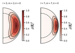 Fig. A Normalised kinetic energy density of the sectoral modes (l = m) of zero radial order (k = 0) for a rigidly-rotating polytrope of index n = 1.49. The left panel is for m = 3, the right panel for m = 7. Dashed curves are drawn at 70% of the star’s radius. From Damiani et al. (2020).
