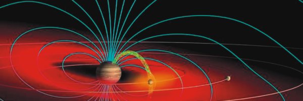 Darstellung des Planeten Jupiter klein im Zentrum, umgeben von schematischen Magnetfeldlinien, die die beiden Pole verbinden. In der Äquatorebene sind zusätzliche Linien eingezeichnet, die die Umlaufbahnen einiger Jupitermonde darstellen. Leicht verkippt dazu eine rote nebelige Scheibe.