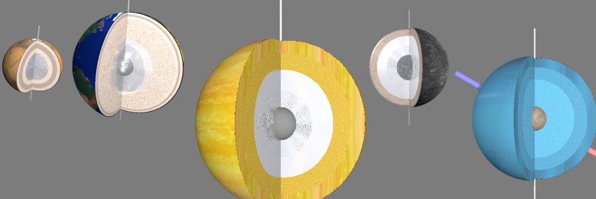 An artistic drawing: Five spheres hovering in front of a grey background. The spheres have different sizes and surface colors. One quarter of each sphere is cur out so that the interior structure can be displayed. The inner structure is represented by spheres of various thinknesses and colors, indicative of the successive alyers of the various planets depicted.