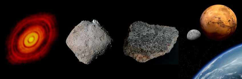 Planetary materials on all scales A collage of astronomical objects against a black background, not to scale, from left to right: observation of a planet-forming disk, showing red-orange concentric circles at an angle; an asteroid with shape similar to a cube with rounded corners and appearing grey; a piece of meteorite cut in half, exposing a flat polished surface; a half-moon in the distance; planet Mars; a small slice of planet Earth.