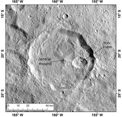 Consus Crater is located in the southern hemisphere of dwarf planet Ceres. The most striking structure in its interior is a smaller crater (“floor crater”) in its eastern half. A flat central mountain rises up in the center of Consus Crater.