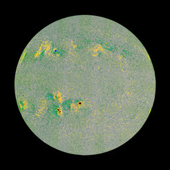 The magnetogram shows the strength and direction of the magnetic field at the Sun’s visible surface. The strongest fields are shown in red (pointing outwards) and blue (pointing inwards). A version of the image for zooming in can be found under the link in the left-hand column.