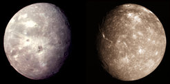 The Uranian moons Oberon (left) and Titania (right).