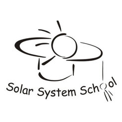 A black-and-white logo with an image part above and a text part below. The text reads "Solar System School" in a font that curves down and up in a section of a circle. The first letter "o" in the word "School" has cartoon stripes added suggesting the appearance of a comet. The image part is a merged representation of both a cartoonish solar system and a doctoral hat, with the rim of the hat doubling as a planetary orbit and the central hat pompom doubling as the Sun.