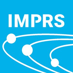 The letters IMPRS in a white font on a square light blue background of the shade #00b1ea and three lines with dots superimposed on the lines representing sections of planetary bodies' orbits. Icon-sized Solar System School Logo