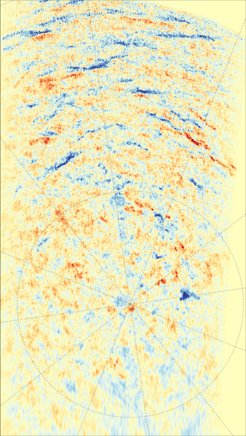 This image shows a magnetic field map from Solar Orbiter's Polarimetric and Helioseismic Imager (PHI) instrument, centred on the Sun's south pole. Blue indicates positive magnetic field, pointing towards the spacecraft, and red indicates negative magnetic field.